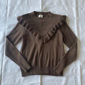 Wilfred Aritzia Chaume Ruffle Knit Cotton Blend Crew Neck Sweater Brown